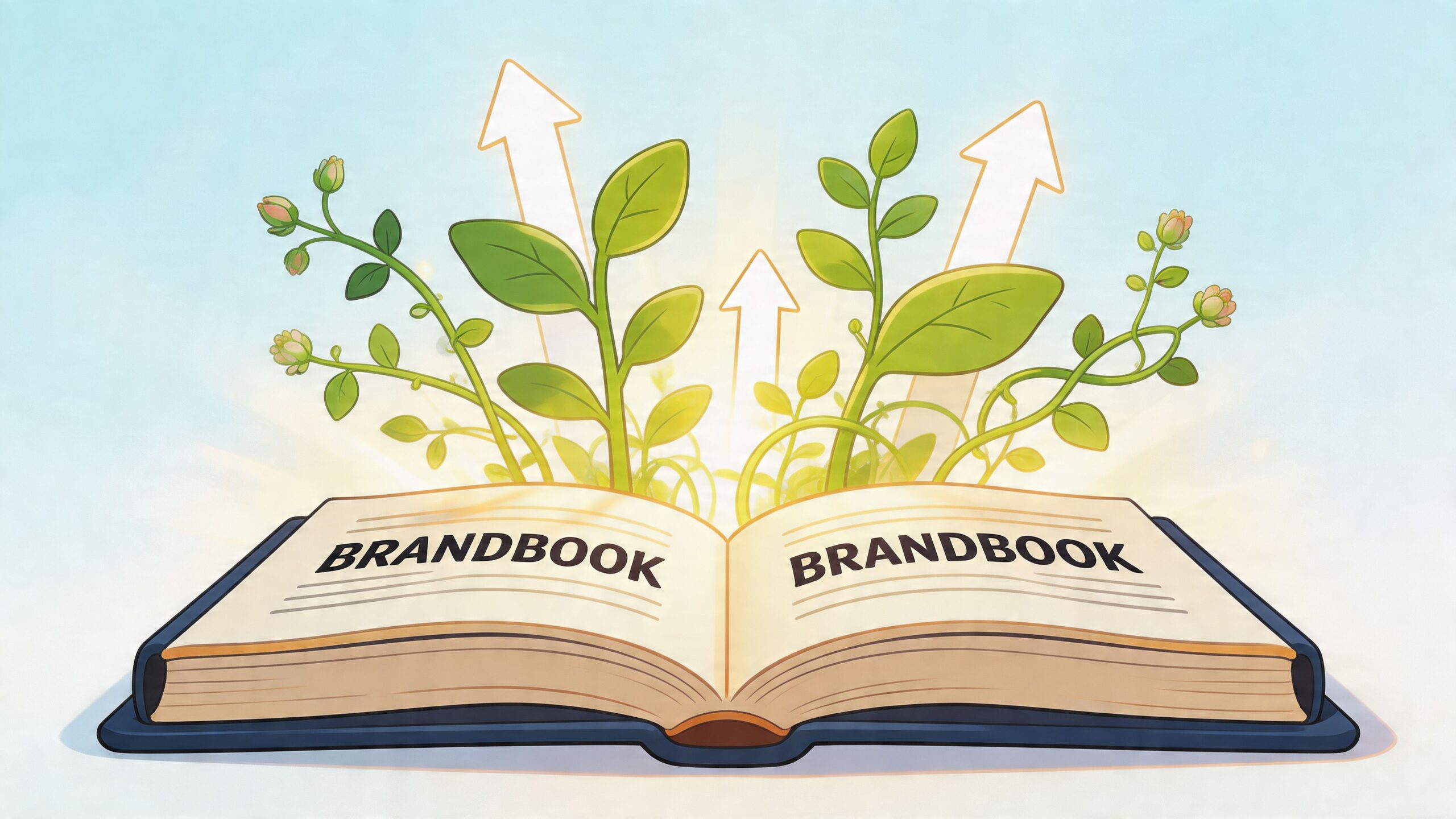 Een open boek met de tekst brandbook, waaruit bloeiende groene planten en abstracte pijlen omhoog groeien.