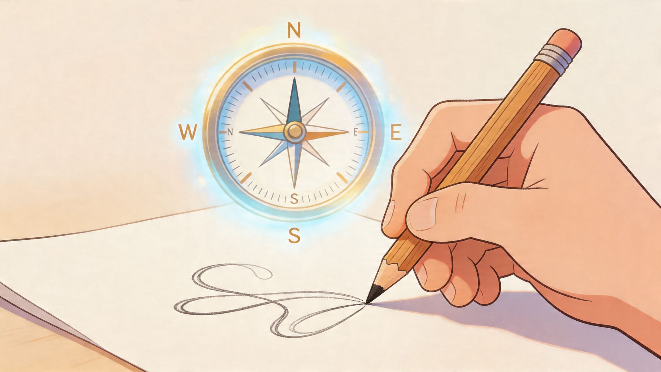 Een hand die een kompas tekent op papier als symbool voor het ontwerpen van een visuele huisstijl.
