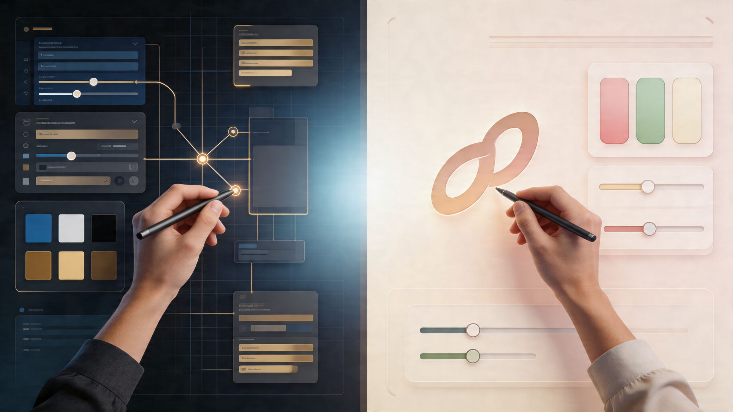Een persoon die met digitale pennen ontwerpen bewerkt voor Magento versus Shopware e-commerce platformen op schermen.