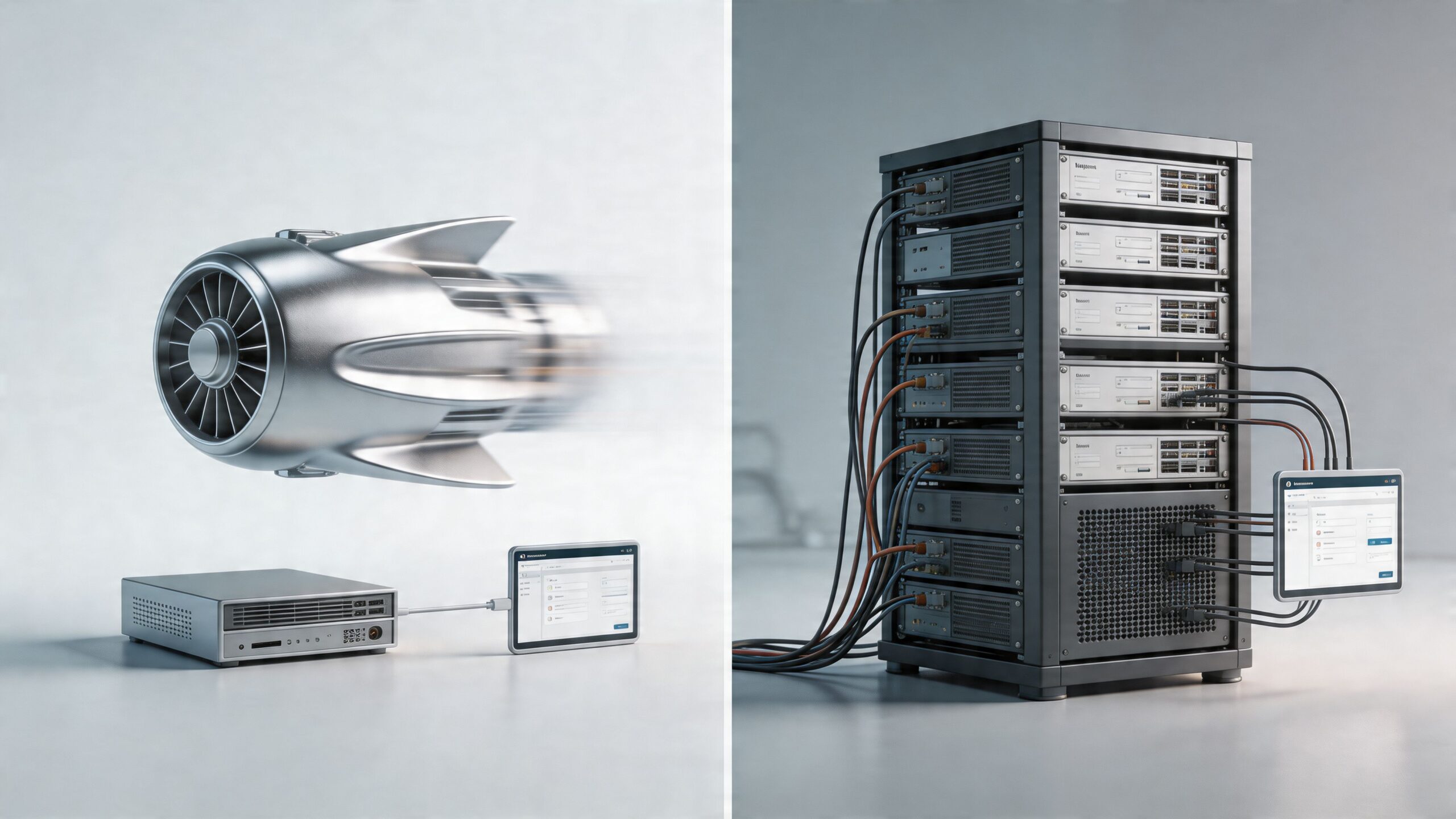 Een vergelijking tussen een compacte server en een krachtig serverrack voor e-commerce platformen zoals Magento en Shopware.