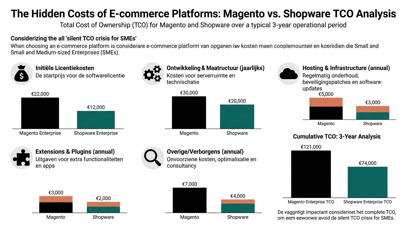 Een infographic die de totale eigendomskosten vergelijkt tussen Magento en Shopware voor kleine en middelgrote ondernemingen.
