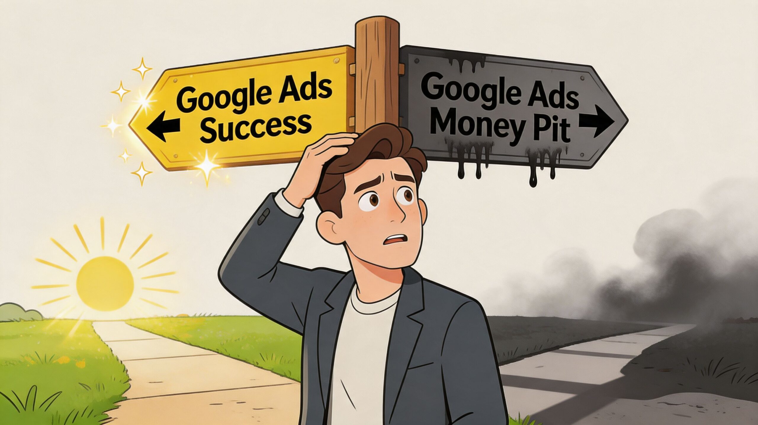 Een verwarde man staat bij een wegwijzer die keuzes tussen Google Ads succes en geldverlies illustreert.