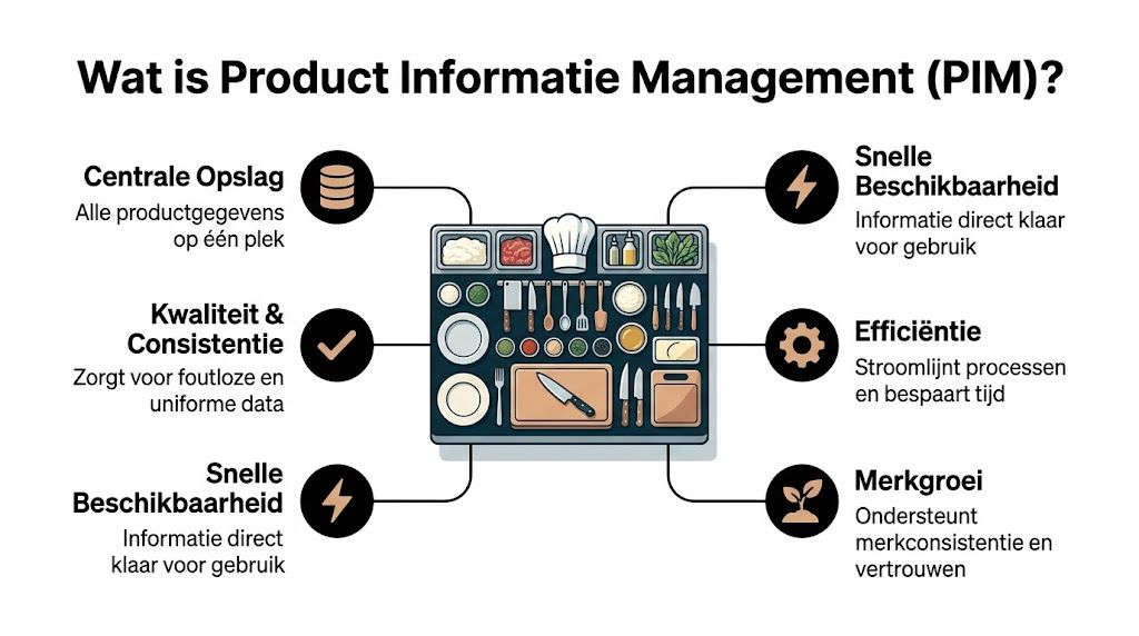 Een infographic die de voordelen van Product Informatie Management (PIM) uitlegt met een keukentafel als centrale metafoor.