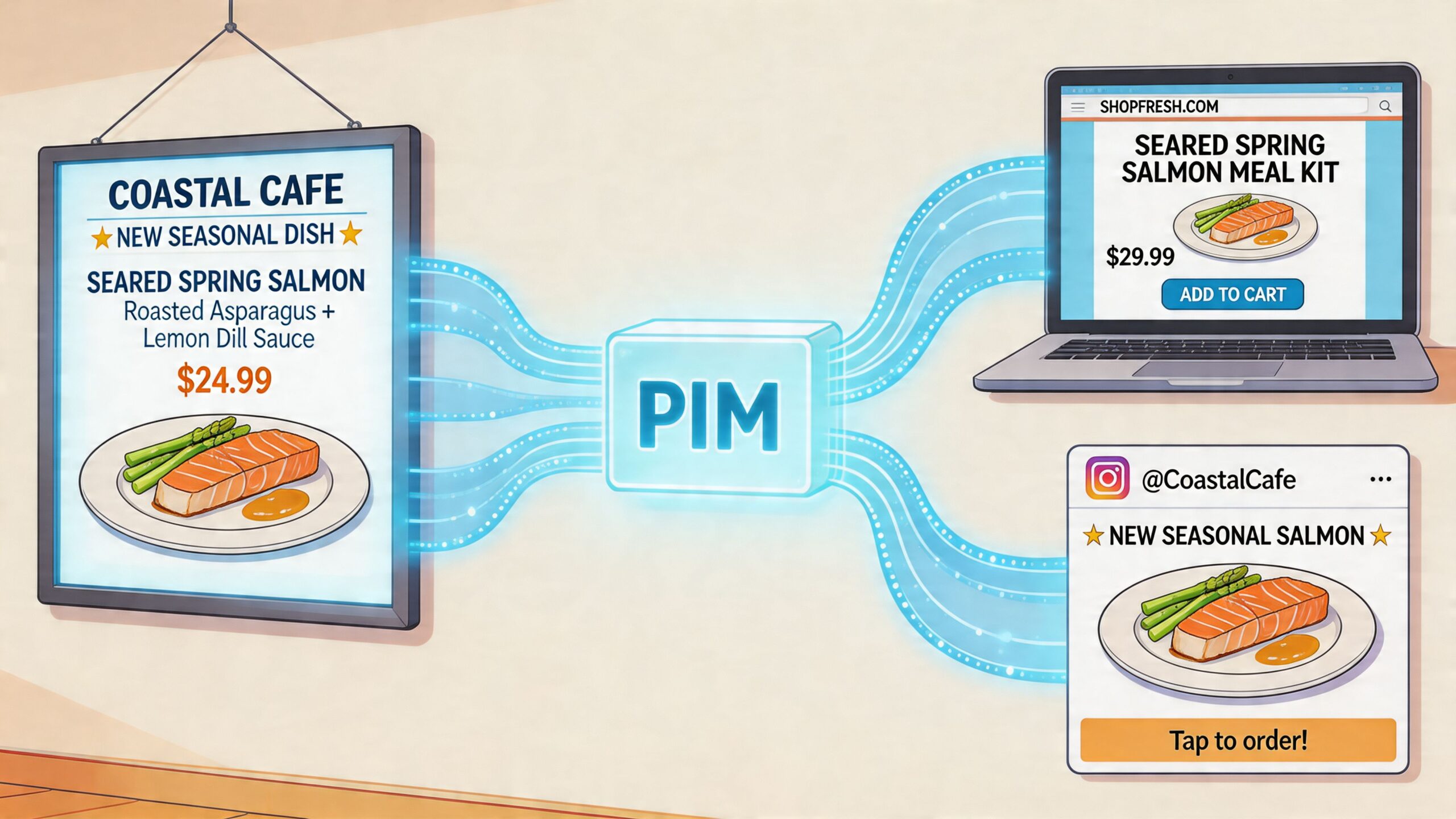 Een diagram toont hoe een PIM-systeem productinformatie verspreidt naar een menukaart, webshop en sociale mediakanalen.