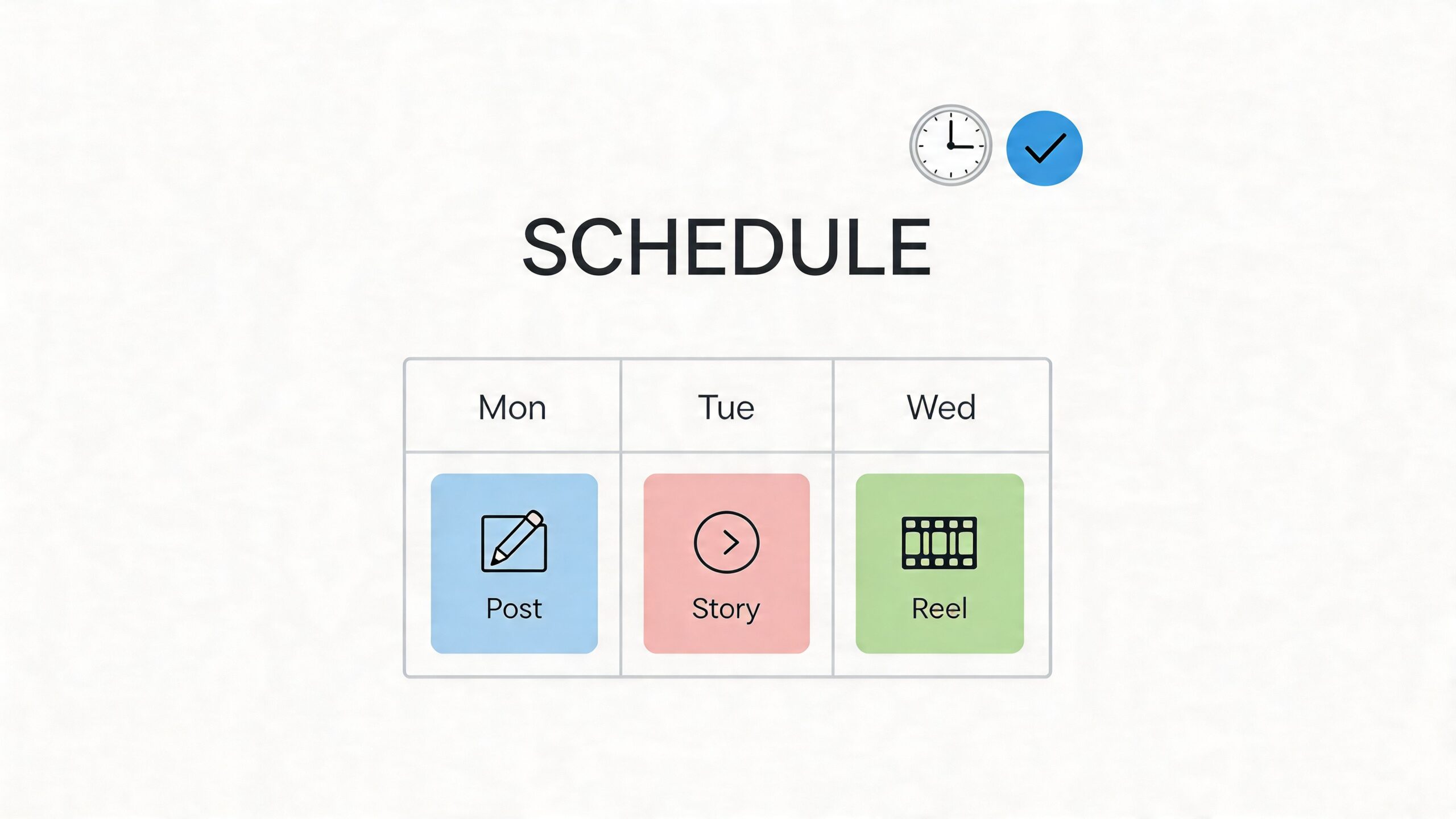 Een grafische weergave van een weekplanning voor social media met iconen voor posts, stories en reels.