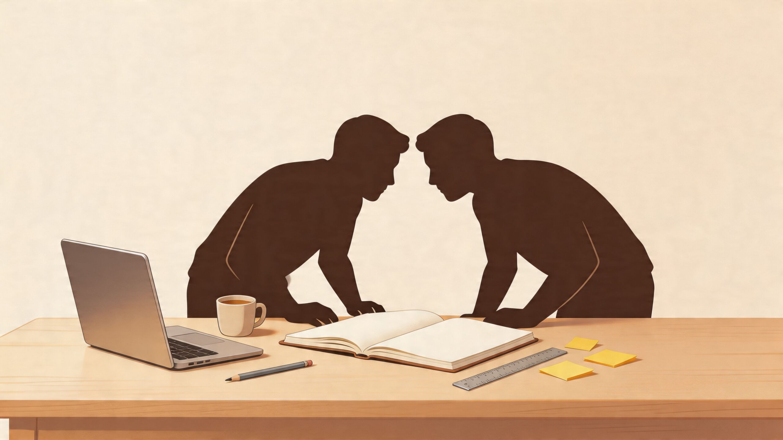 Twee silhouetten van mensen die samenwerken aan een bureau met een laptop, notitieboek en kantoorbenodigdheden.
