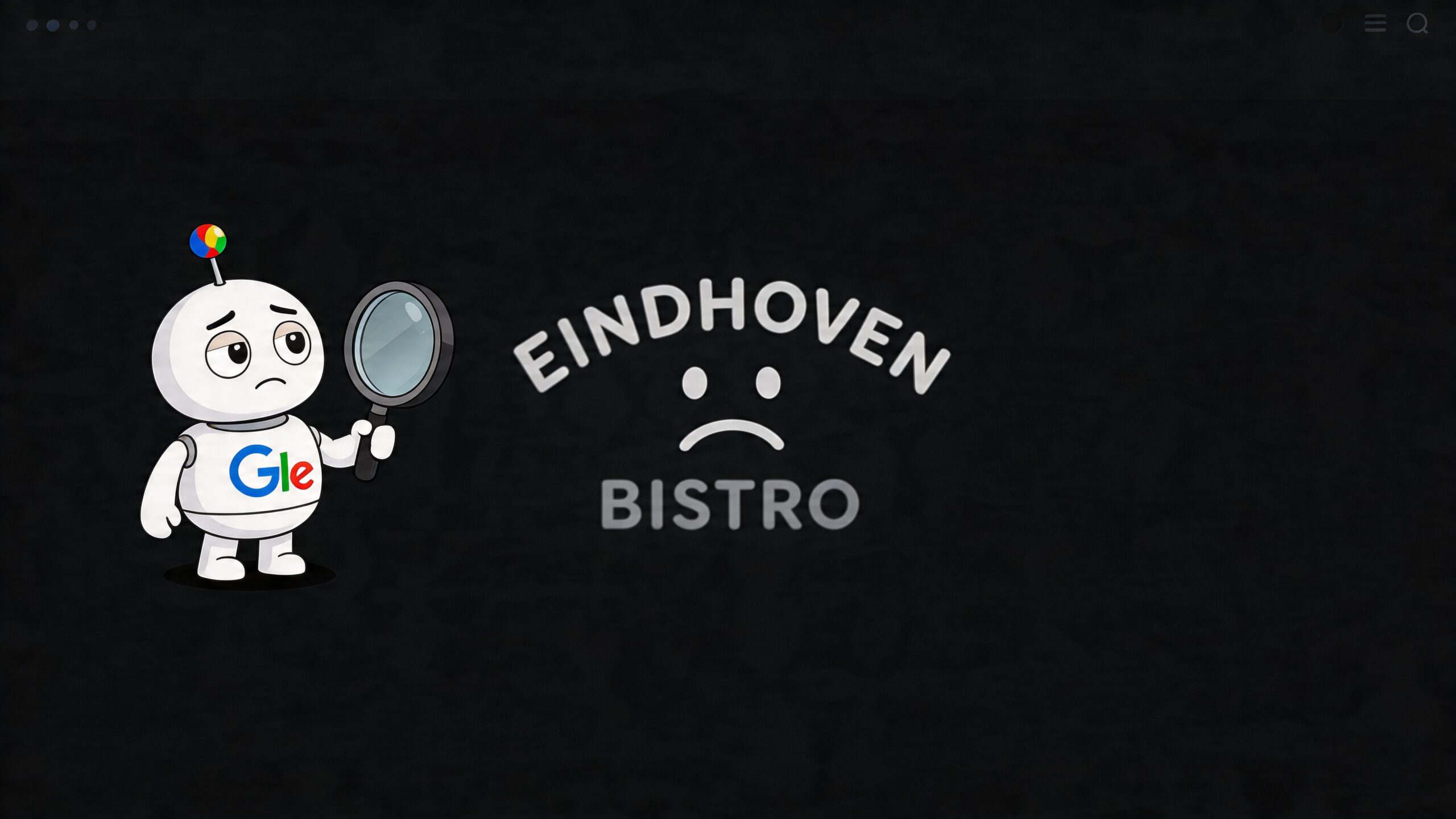 Een droevige Google-robot met een vergrootglas die zoekt naar technische seo-fouten voor Eindhoven Bistro op een achtergrond.
