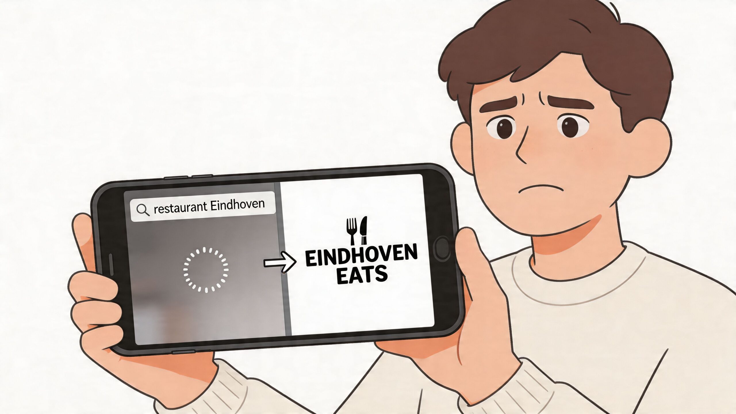 Een jongen die ontevreden kijkt naar een smartphone die een laadscherm toont tijdens het zoeken naar restaurants.