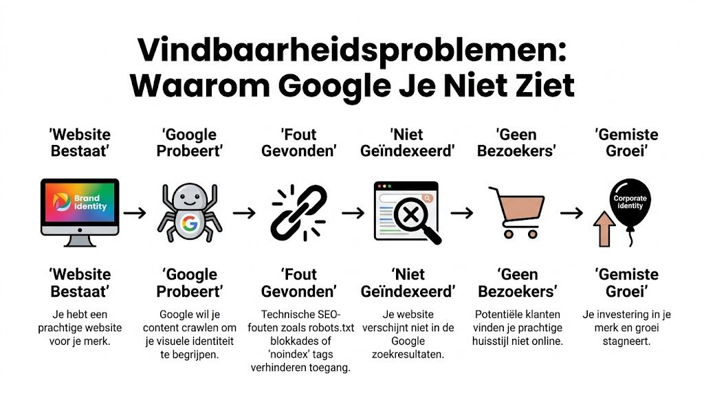 Een stroomschema dat laat zien hoe technische SEO-fouten de vindbaarheid en groei van een website kunnen belemmeren.