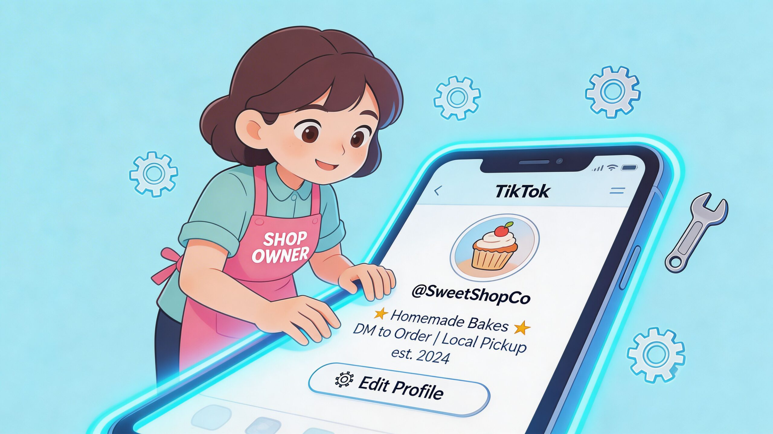 Een geanimeerde winkelhouder die een TikTok-bedrijfsprofiel voor zelfgemaakte baksels bekijkt op een oplichtende smartphone.