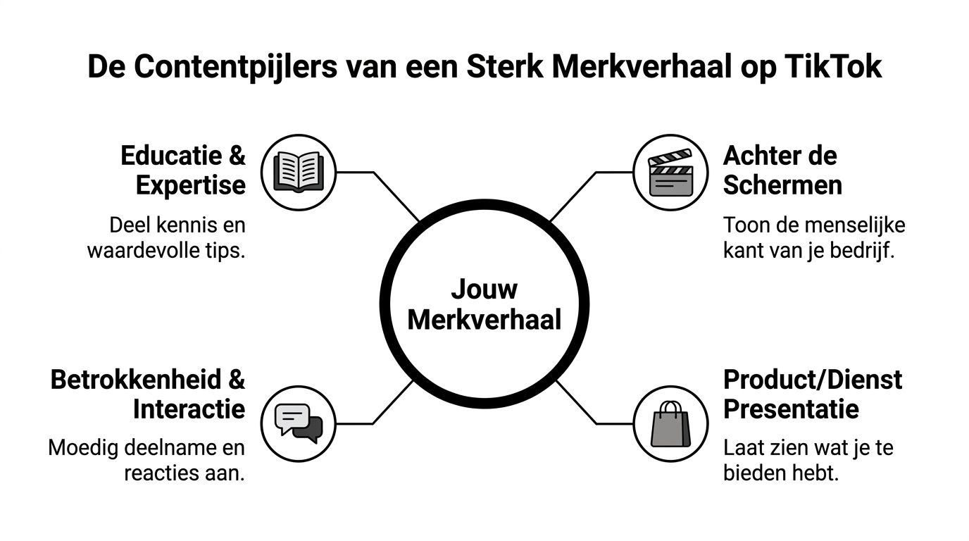 Een infographic met de vier contentpijlers voor een sterk merkverhaal op TikTok voor bedrijven.