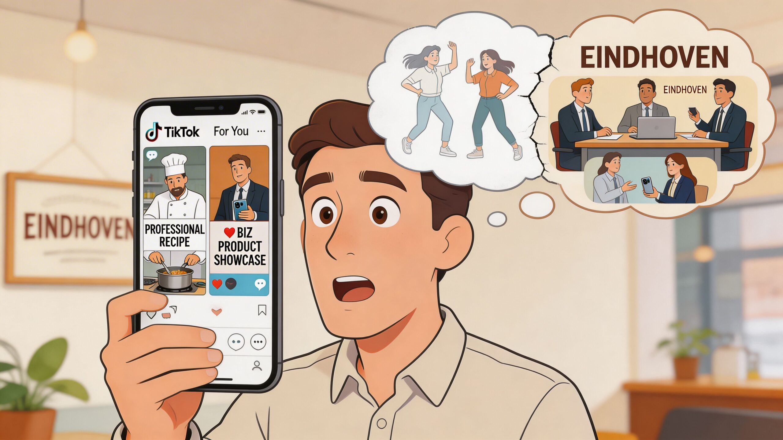 Een man kijkt verbaasd naar een TikTok-video met bedrijfsinhoud over zakelijke kansen en netwerken in Eindhoven.