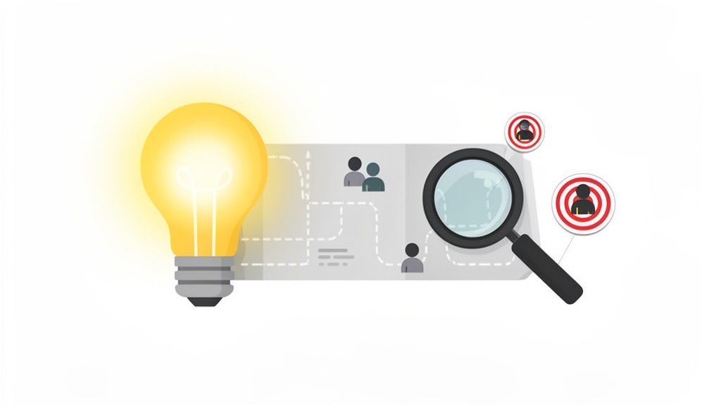 Een gloeilamp, flowchart met gebruikers en vergrootglas, symboliseert ideeën, strategie en doelgroeponderzoek.