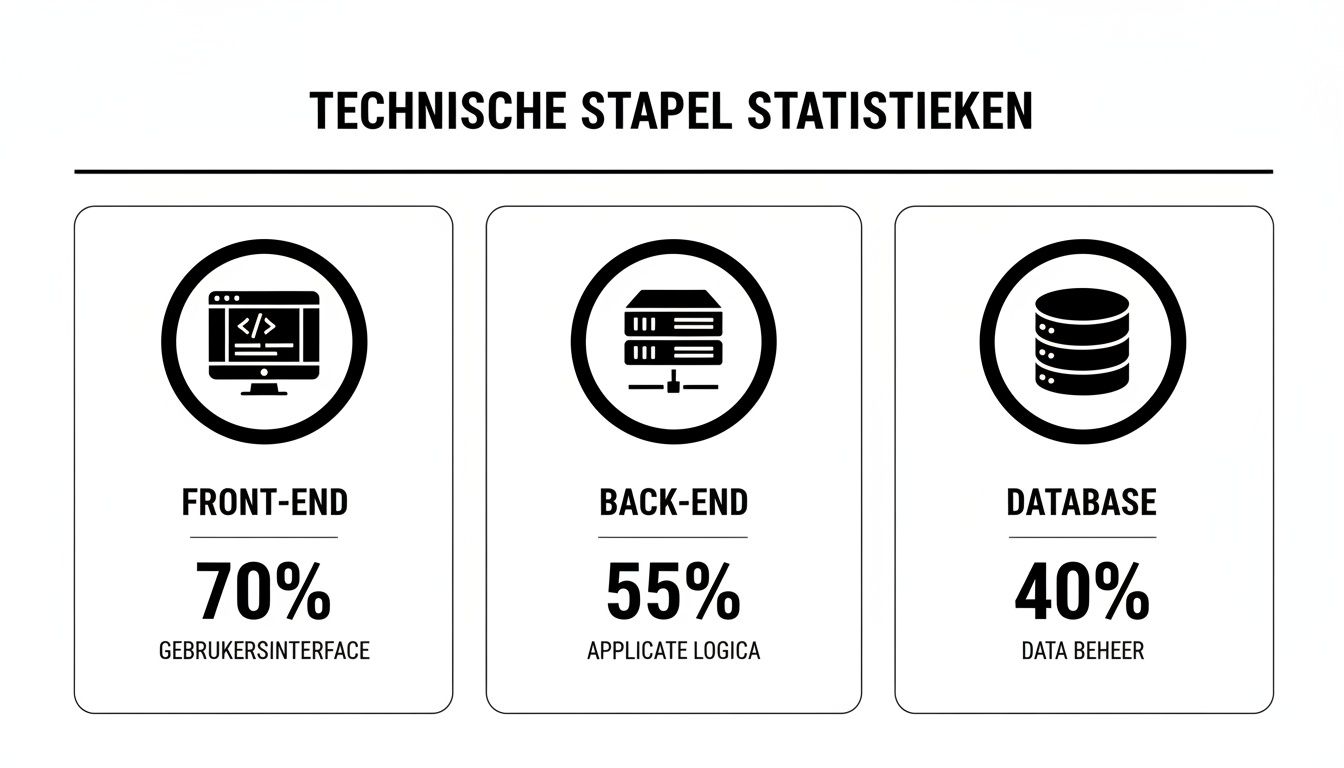 Overzicht van technische stapel statistieken: 70% front-end, 55% back-end en 40% database.