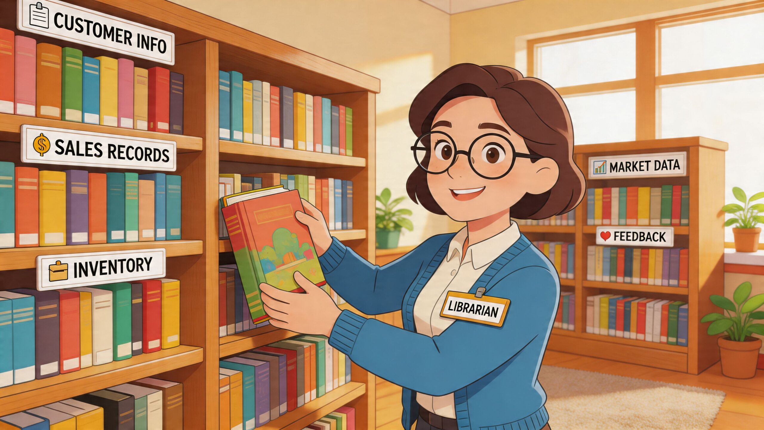 Een vriendelijke bibliothecaris organiseert boeken in een bibliotheek die symbool staat voor een datawarehouse voor bedrijfsgegevens.