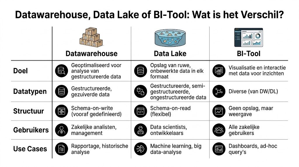 Een tabel die de verschillen uitlegt tussen een Datawarehouse, Data Lake en een BI-tool voor data-analyse.