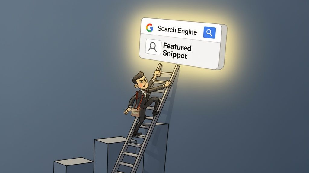Een zakenman klimt op een ladder om een Google Featured Snippet resultaat in een zoekmachine te bereiken.