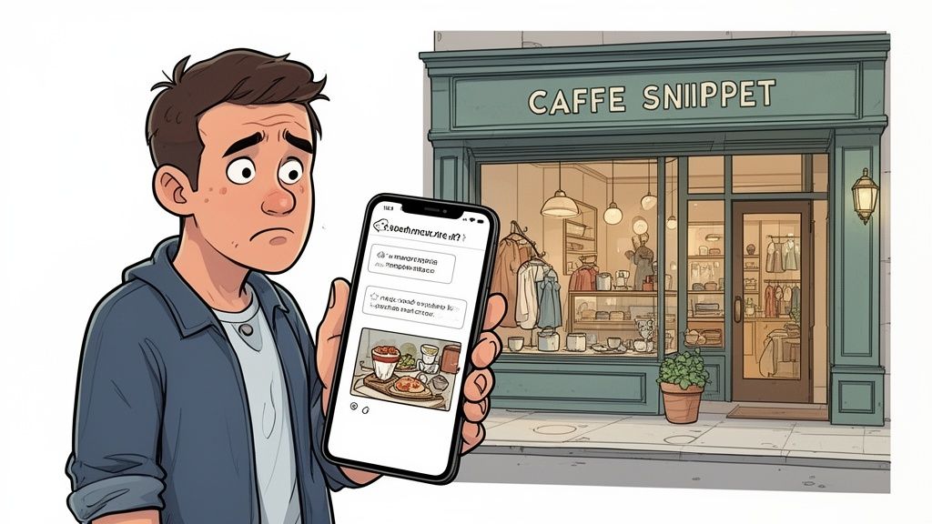 Een verwarde man houdt een smartphone vast voor een koffietentje met een tekst op het scherm.