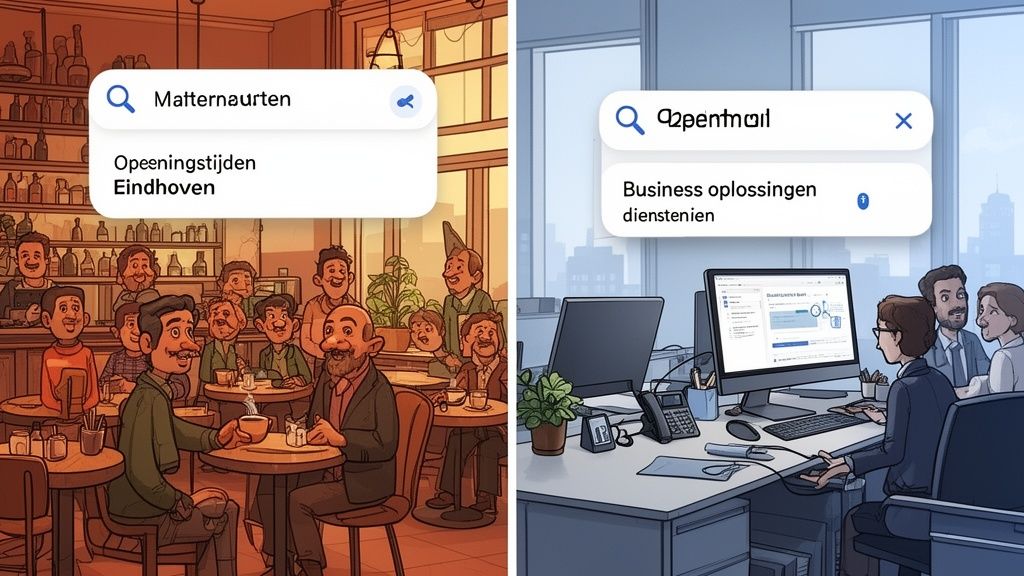 Een vergelijking tussen zoekopdrachten voor een café in Eindhoven en zakelijke oplossingen in een modern kantoor.