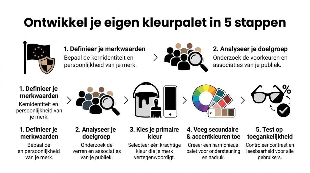 Een infographic met vijf stappen voor het ontwikkelen van een eigen kleurenpalet voor een merkidentiteit.