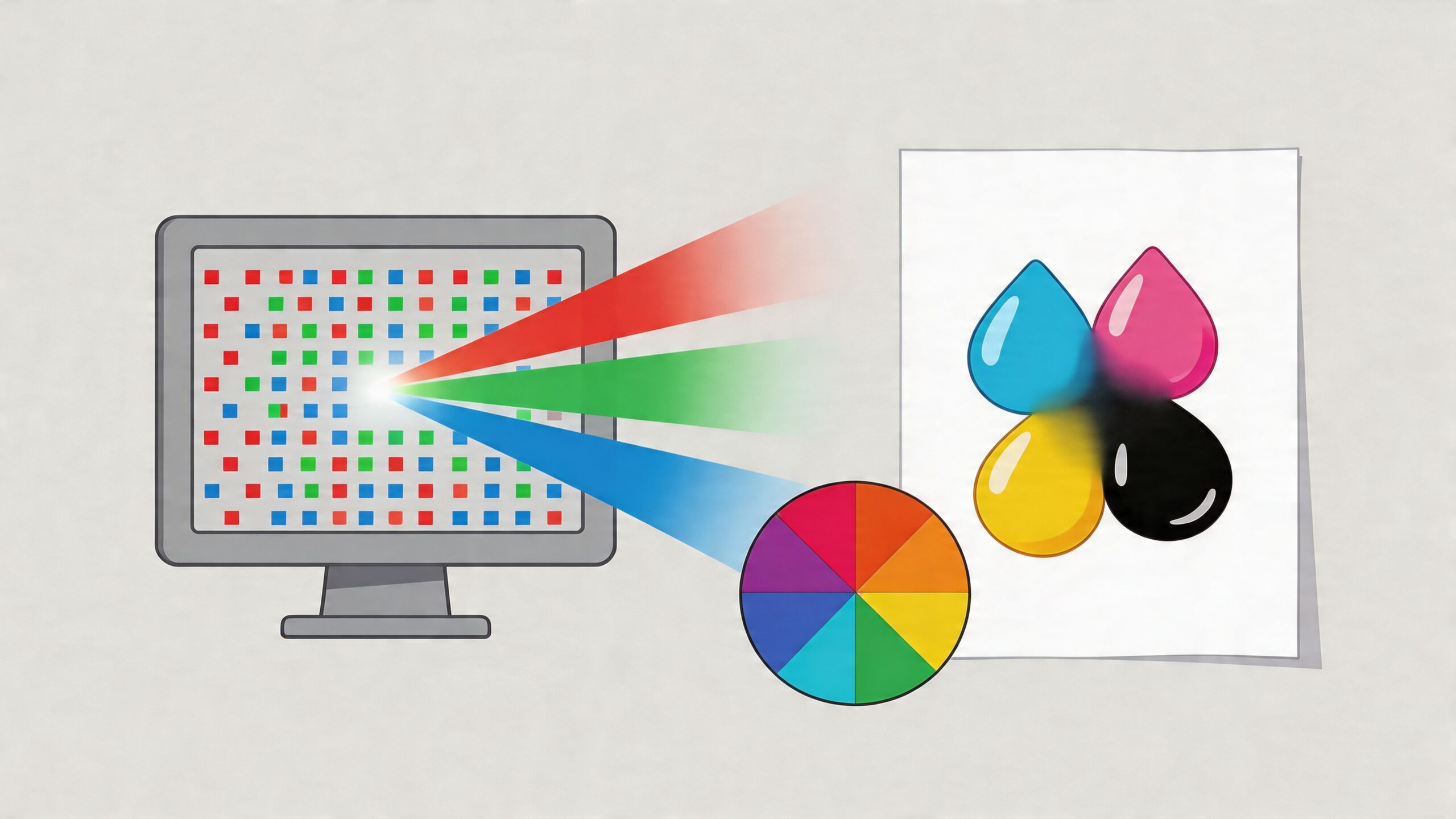 Een illustratie van een beeldscherm dat kleurgegevens naar een vel papier met CMYK-inktdruppels projecteert.