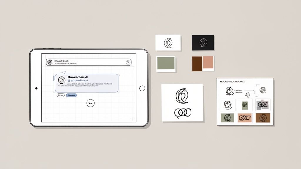 Een overzicht van merkidentiteit concepten met een tablet mockup, logo variaties en kleurenpaletten op een beige achtergrond.