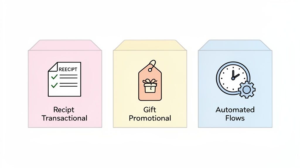 Drie e-mailcategorieën getoond als gekleurde enveloppen: Transactionele bon, Promotionele geschenken en Geautomatiseerde stromen.
