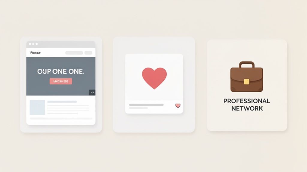 Digitale illustratie van een website, een hartje voor likes en een aktetas voor een professioneel netwerk.