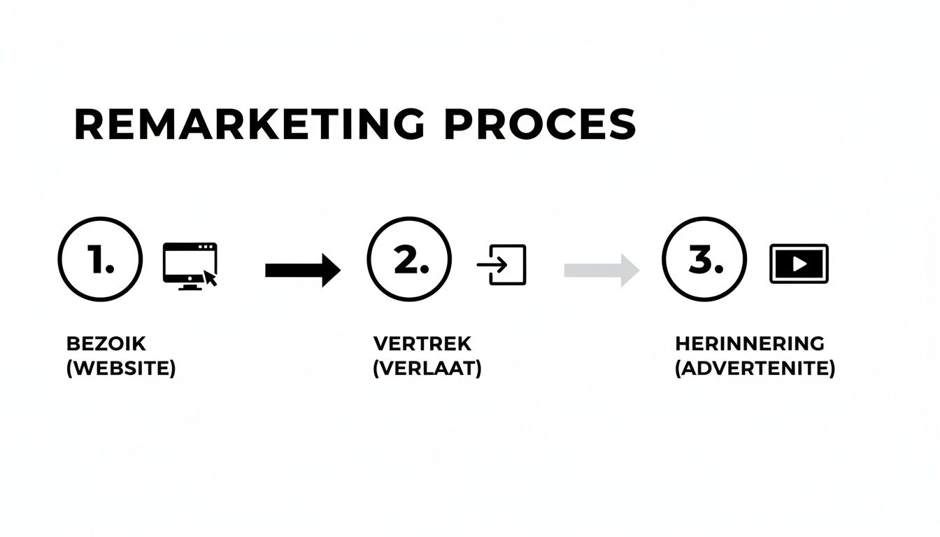 Schematische weergave van het remarketingproces: websitebezoek, vertrek, gevolgd door een herinneringsadvertentie.