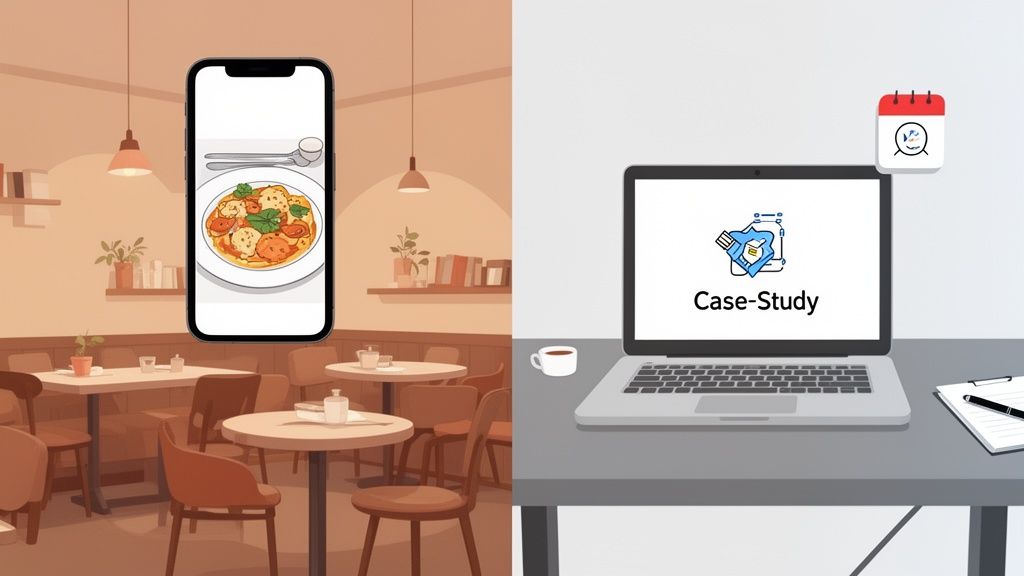 Illustratie van een restaurant met een smartphone die eten toont en een werkplek met laptop en 'Case-Study'.