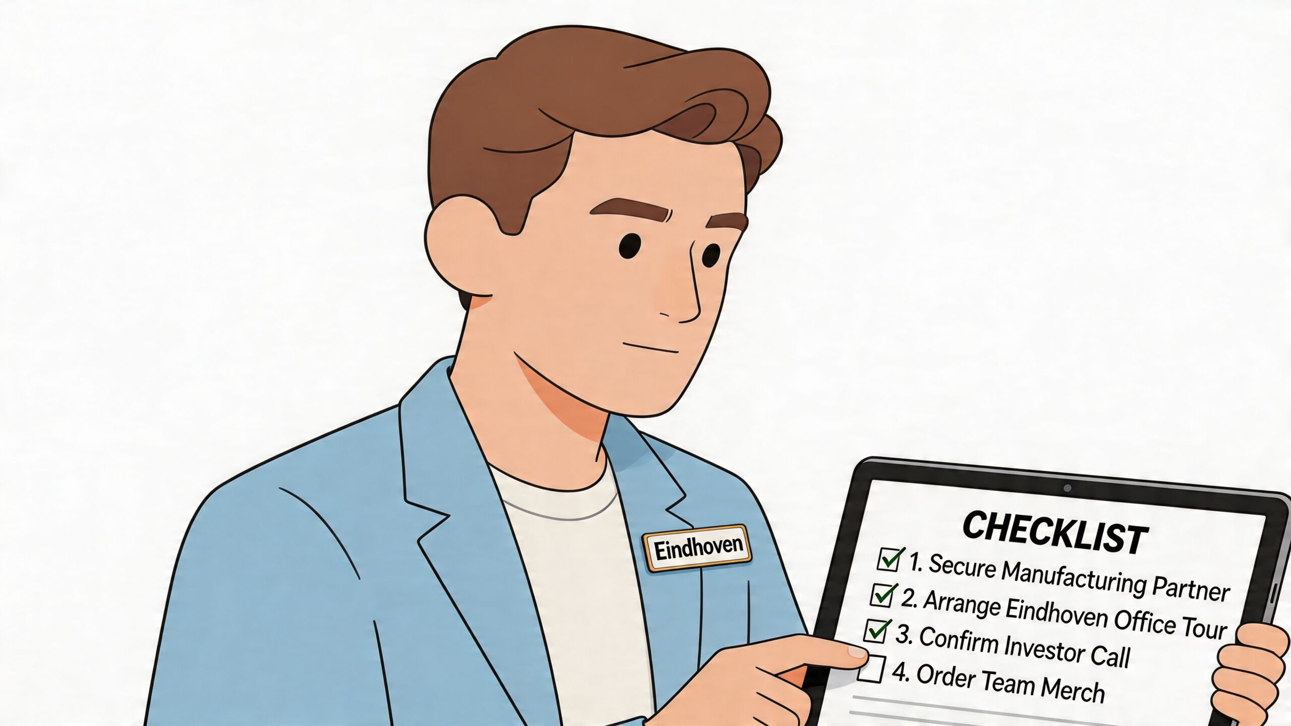 Een zakelijke man met een naamkaartje die wijst naar een checklist op een tablet met taken.