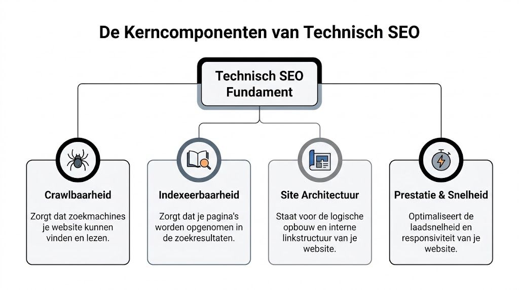 Een overzicht van de kerncomponenten van technisch SEO, inclusief crawlbaarheid, indexeerbaarheid, site architectuur en prestatie en snelheid.
