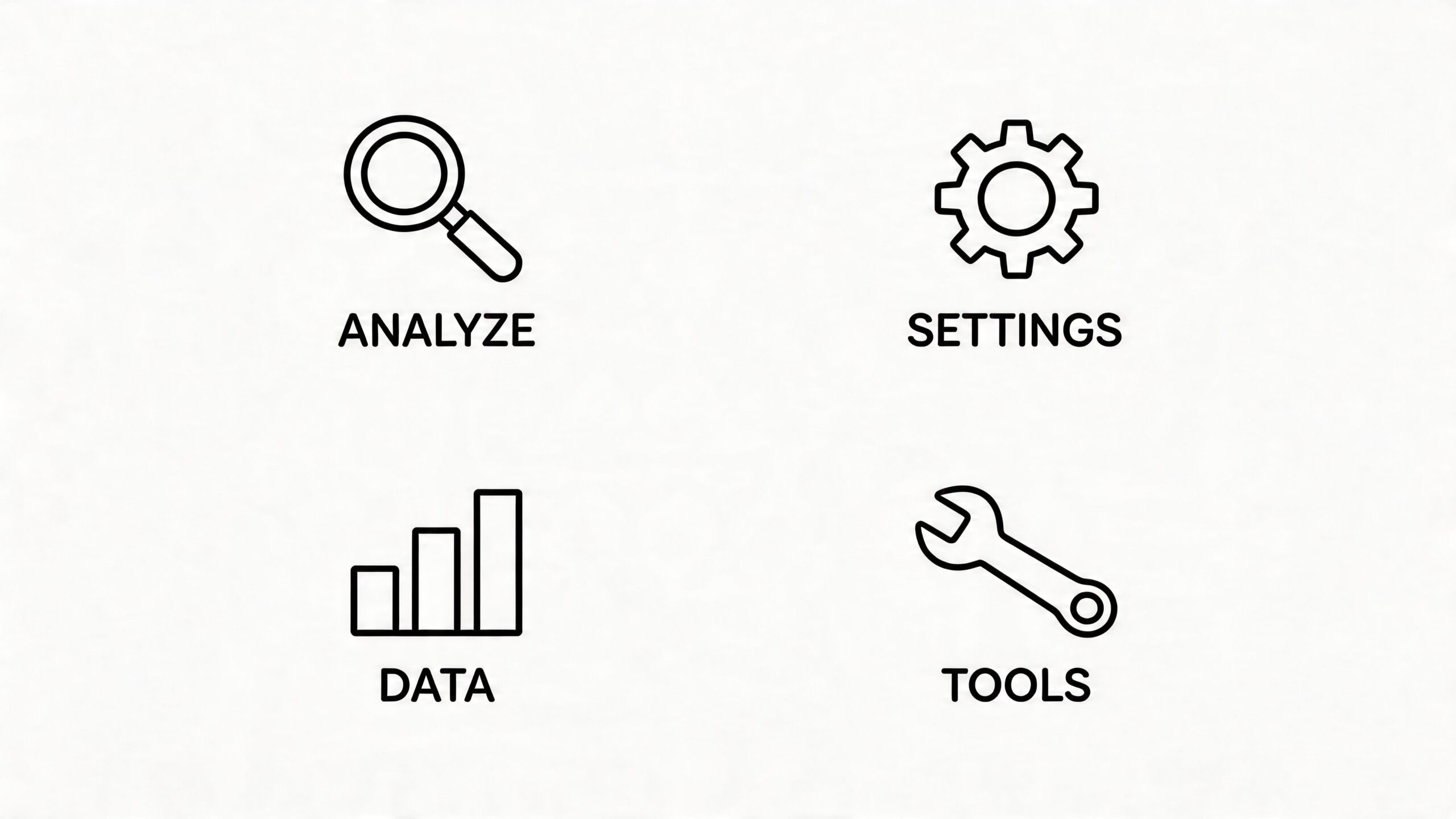 Vier iconen met teksten voor technische SEO: analyseren, instellingen, gegevens en tools op een witte achtergrond.