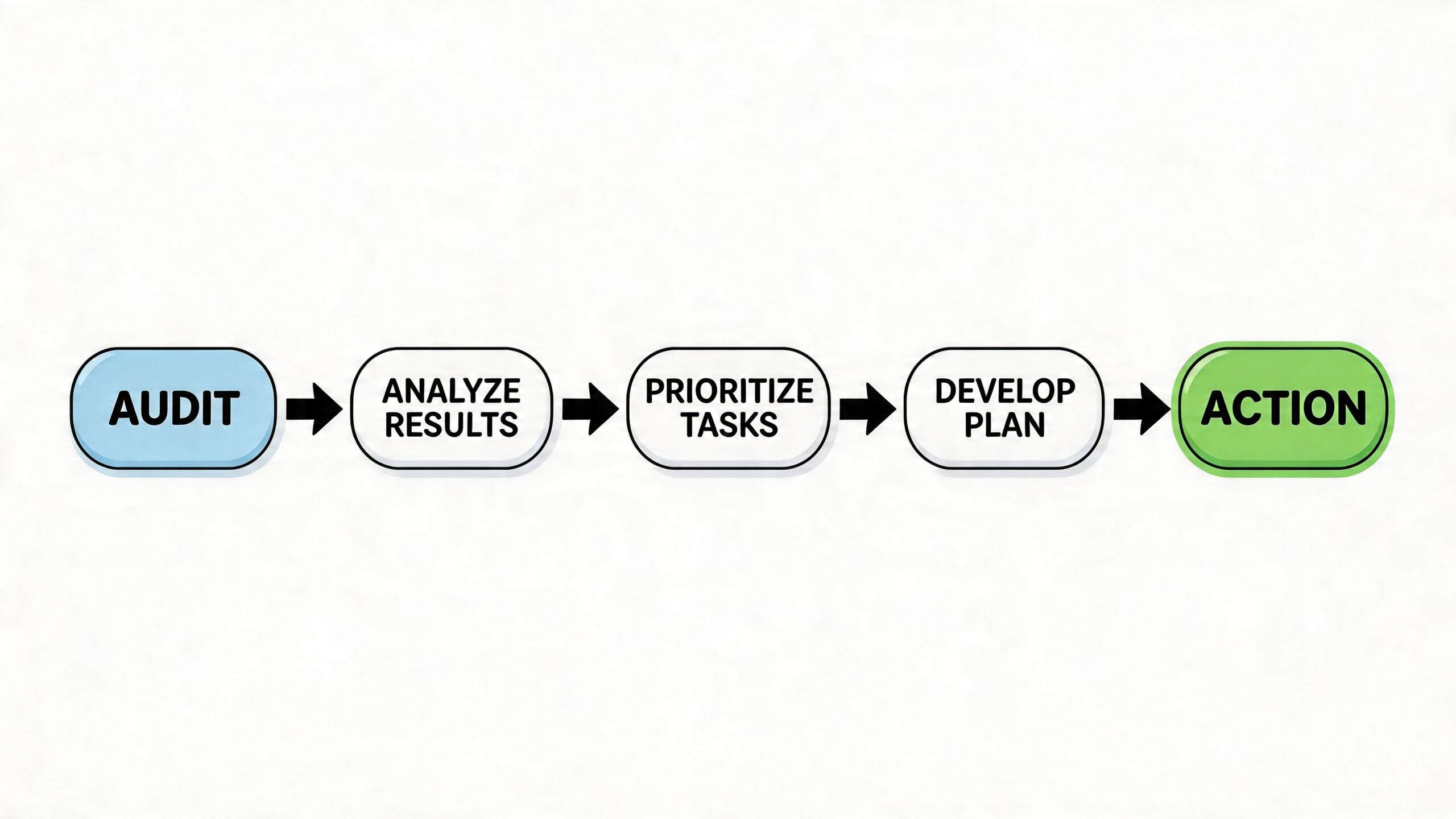Een stroomschema dat het technische SEO-proces toont: van audit naar analyse, prioriteiten stellen, planontwikkeling en actie.