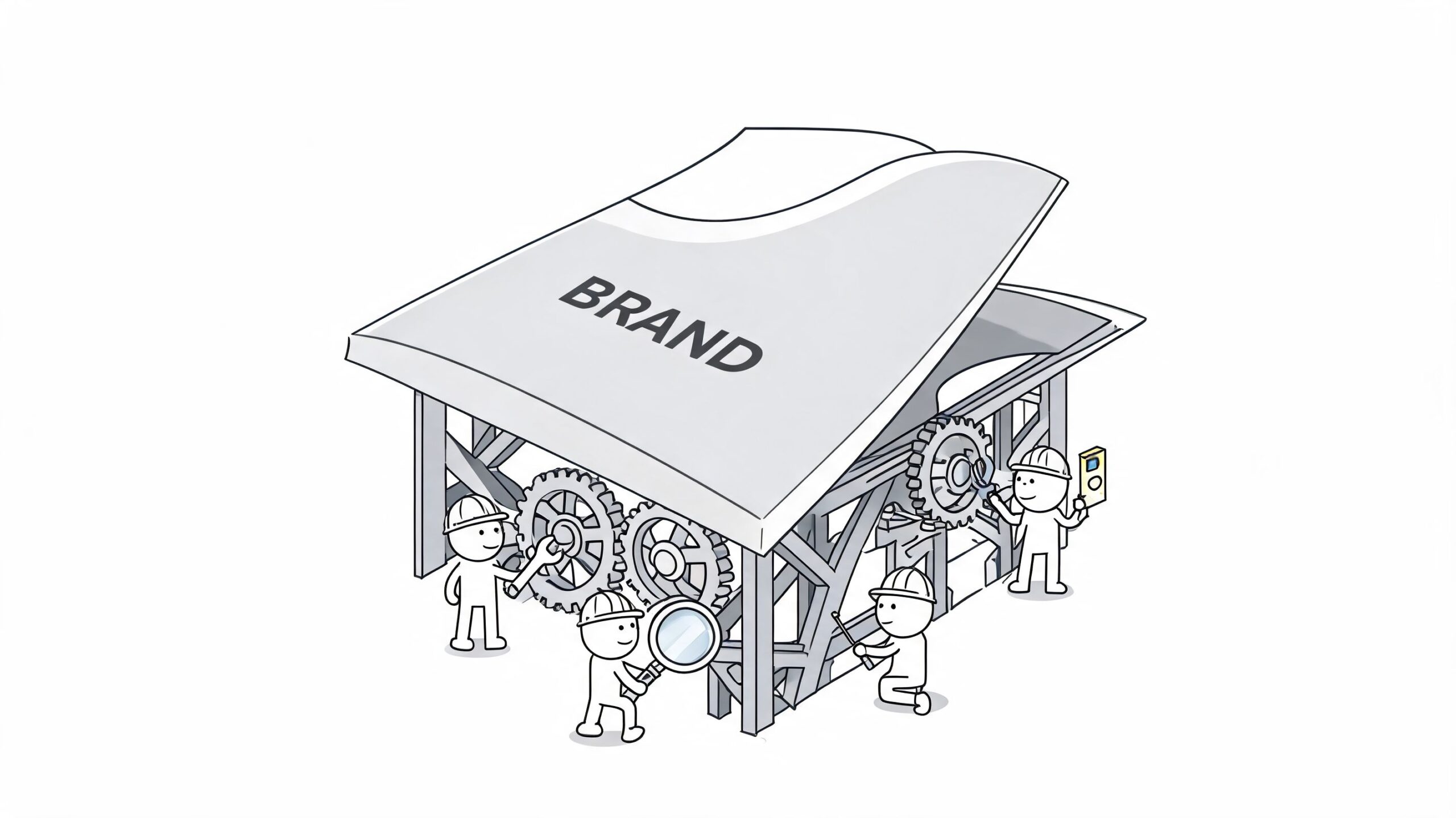 Illustratie van poppetjes die een merk bouwen met tandwielen en gereedschap in een constructieomgeving.