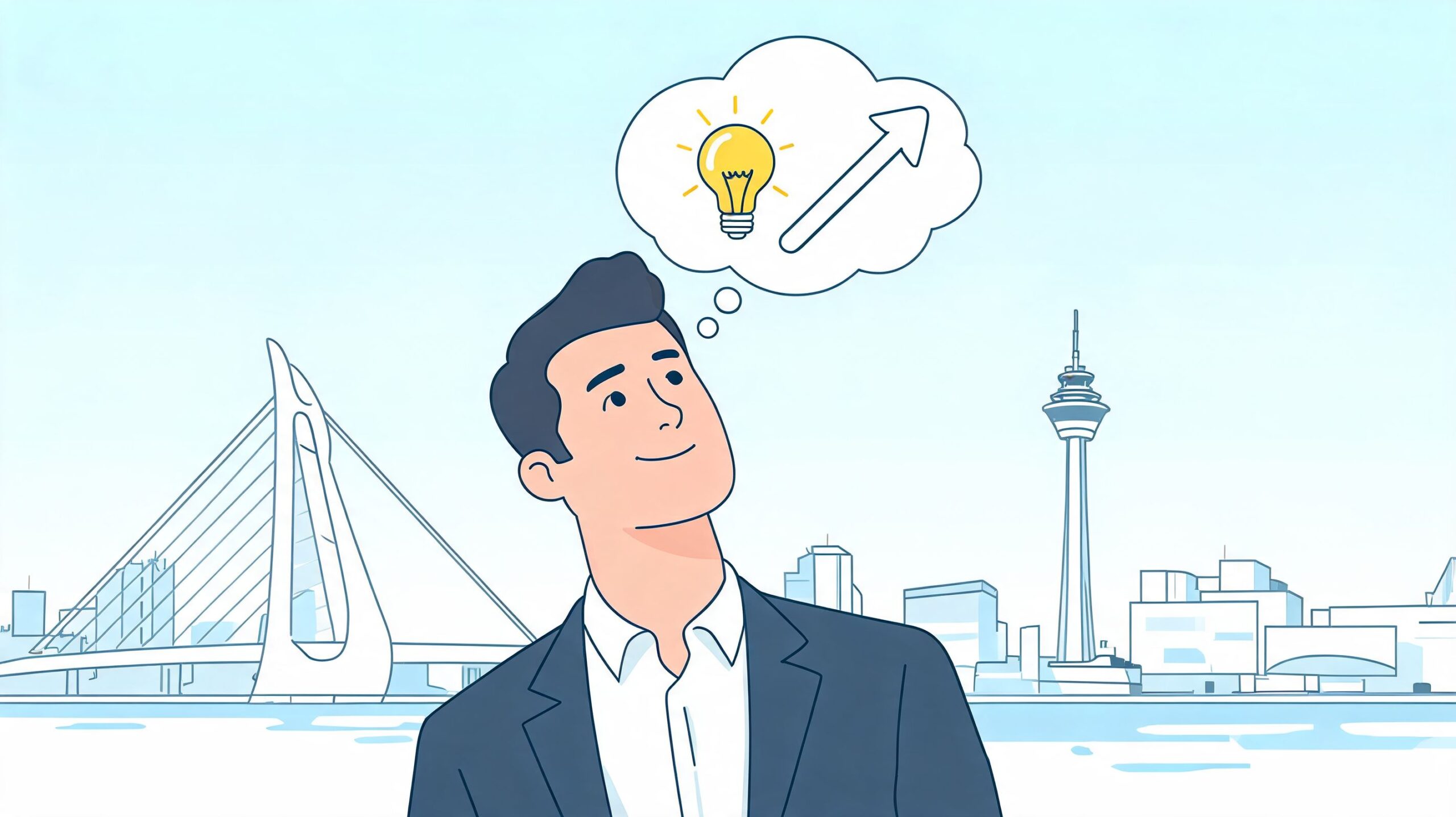Een zakenman denkt aan innovatieve ideeën en groei in een gestileerde stedelijke omgeving met een toren.