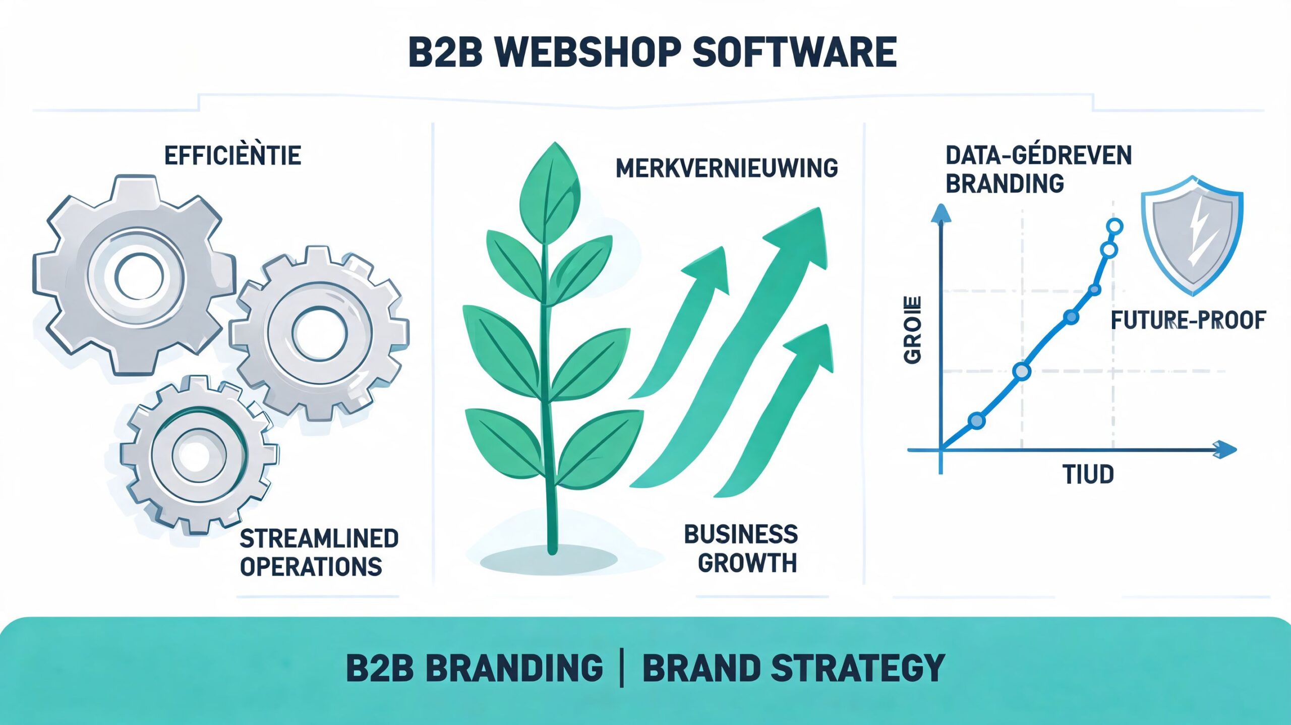 Een overzicht van B2B webshop software met focus op efficiënte operaties, merkvernieuwing, bedrijfsgroei en datagedreven branding.