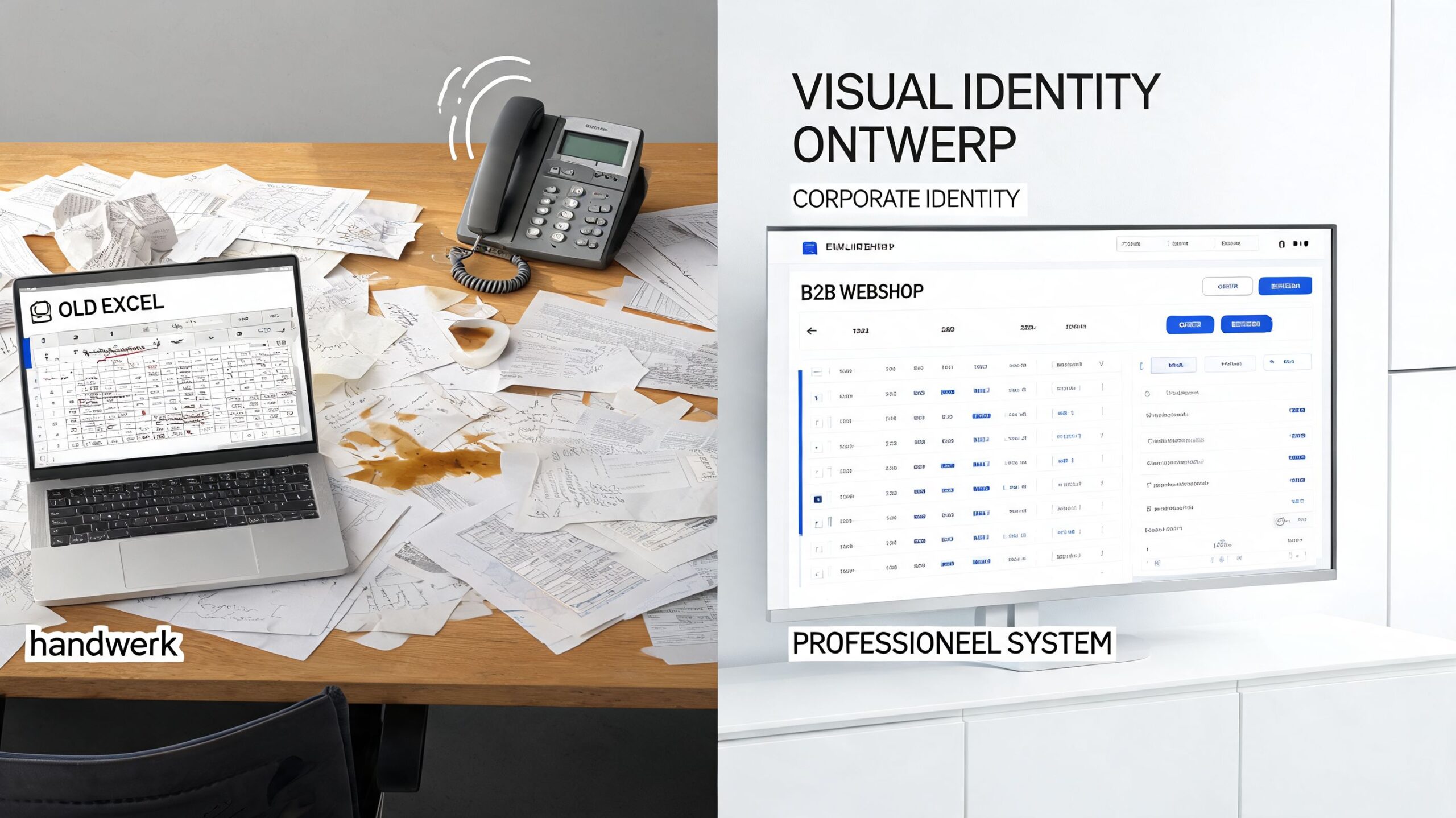 Vergelijking tussen handmatige administratie met papier en een gestroomlijnd, professioneel B2B webshop software systeem voor bedrijven.
