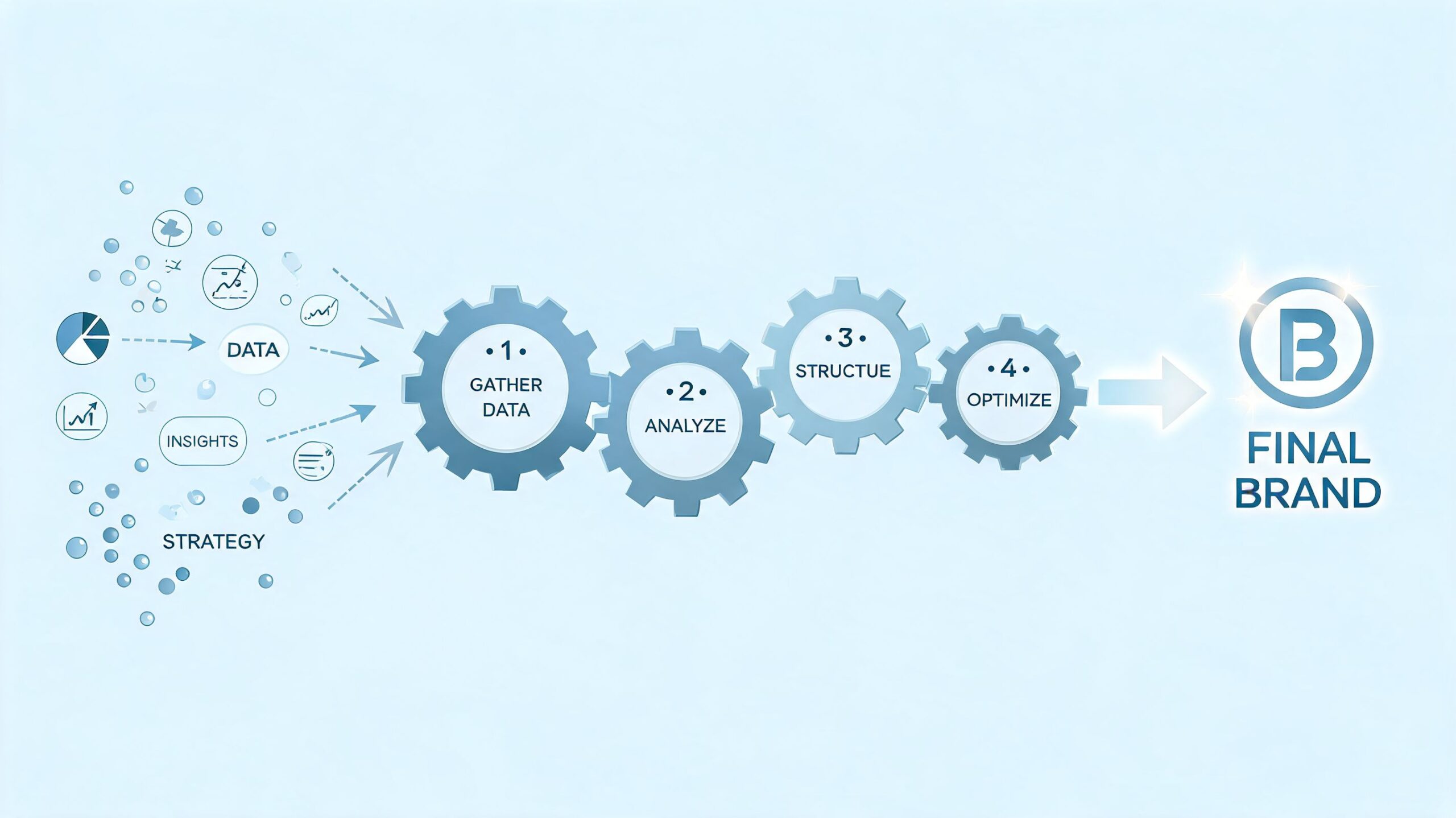 Een procesdiagram met vier tandwielen die data en strategie omzetten in een definitief merkconcept.