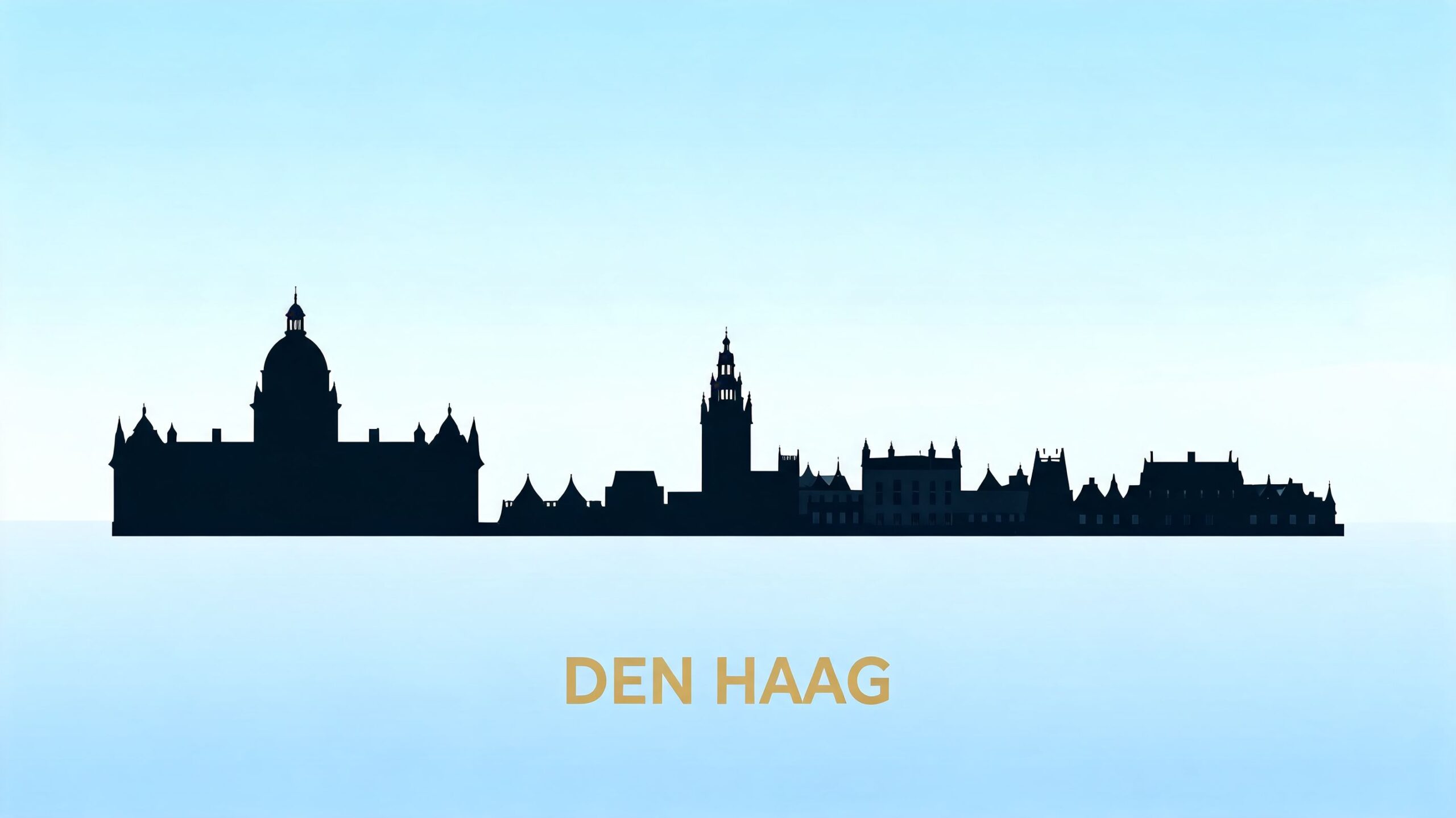 Een minimalistische zwarte silhouetafbeelding van de skyline van Den Haag tegen een lichtblauwe achtergrond.