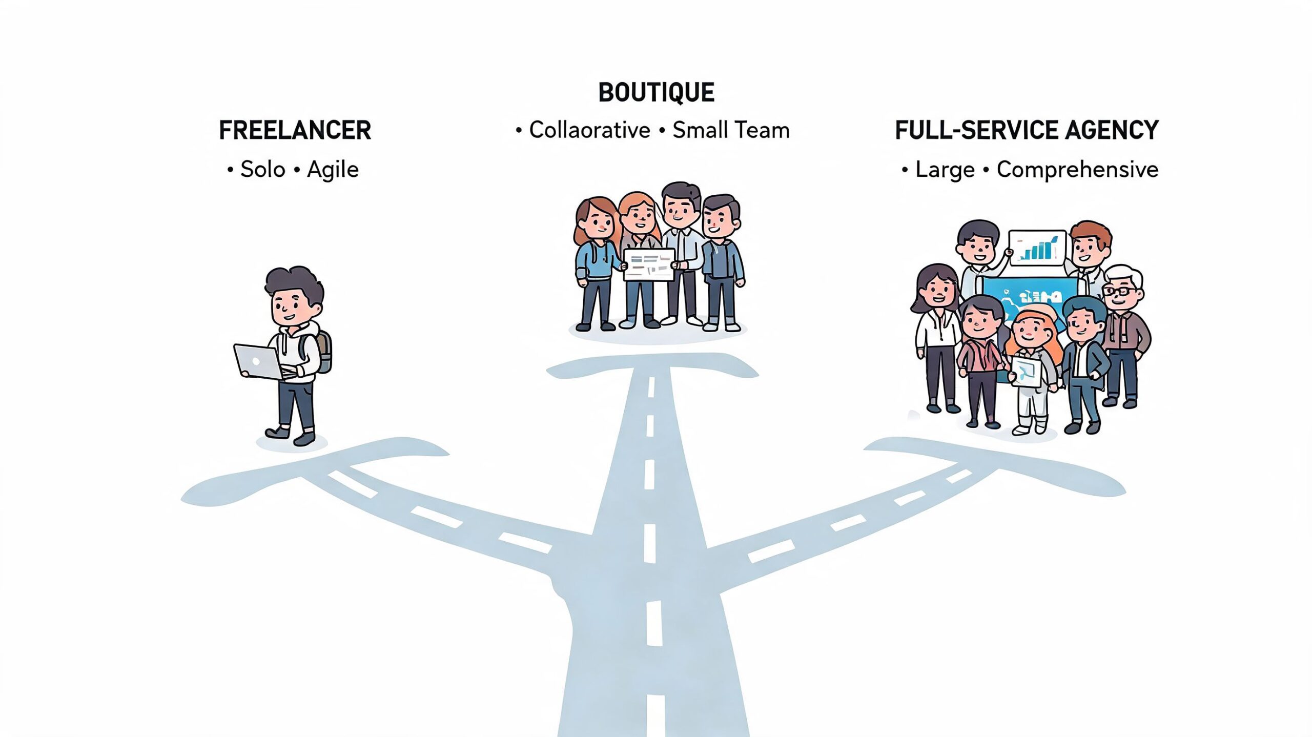 Een illustratie van drie verschillende zakelijke keuzes: een freelancer, een boetiekbureau en een full-service marketingbureau.