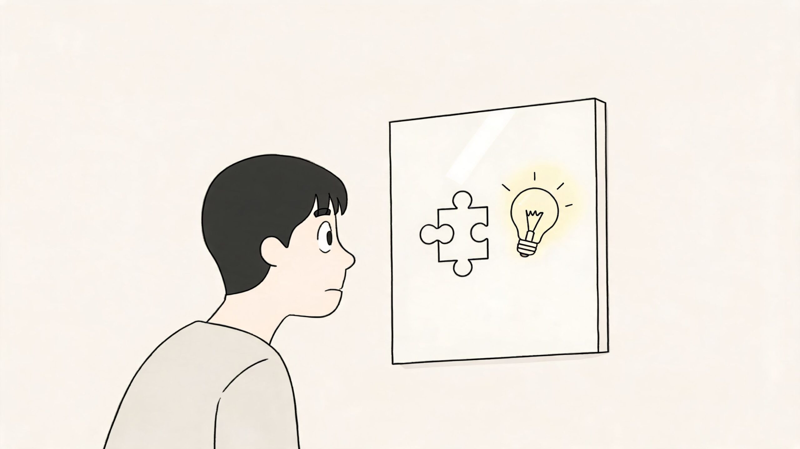 Een jongeman kijkt aandachtig naar een kunstwerk aan de muur met een puzzelstuk en een gloeilamp.