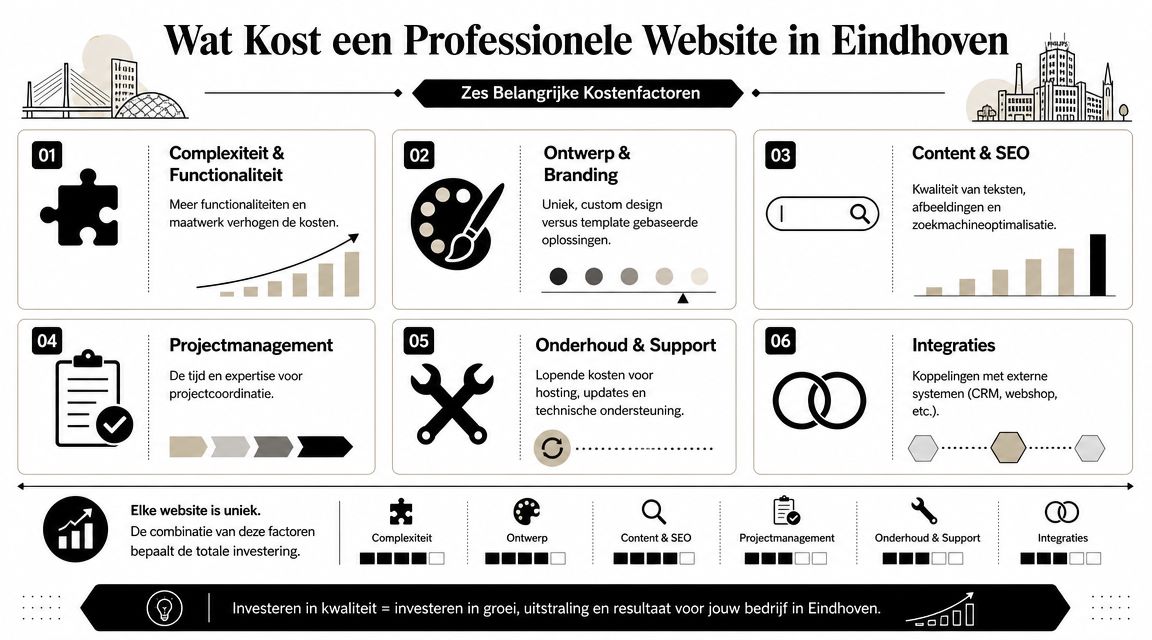 Een infographic die de zes belangrijkste kostenfactoren uitlegt voor het laten bouwen van een professionele website in Eindhoven.