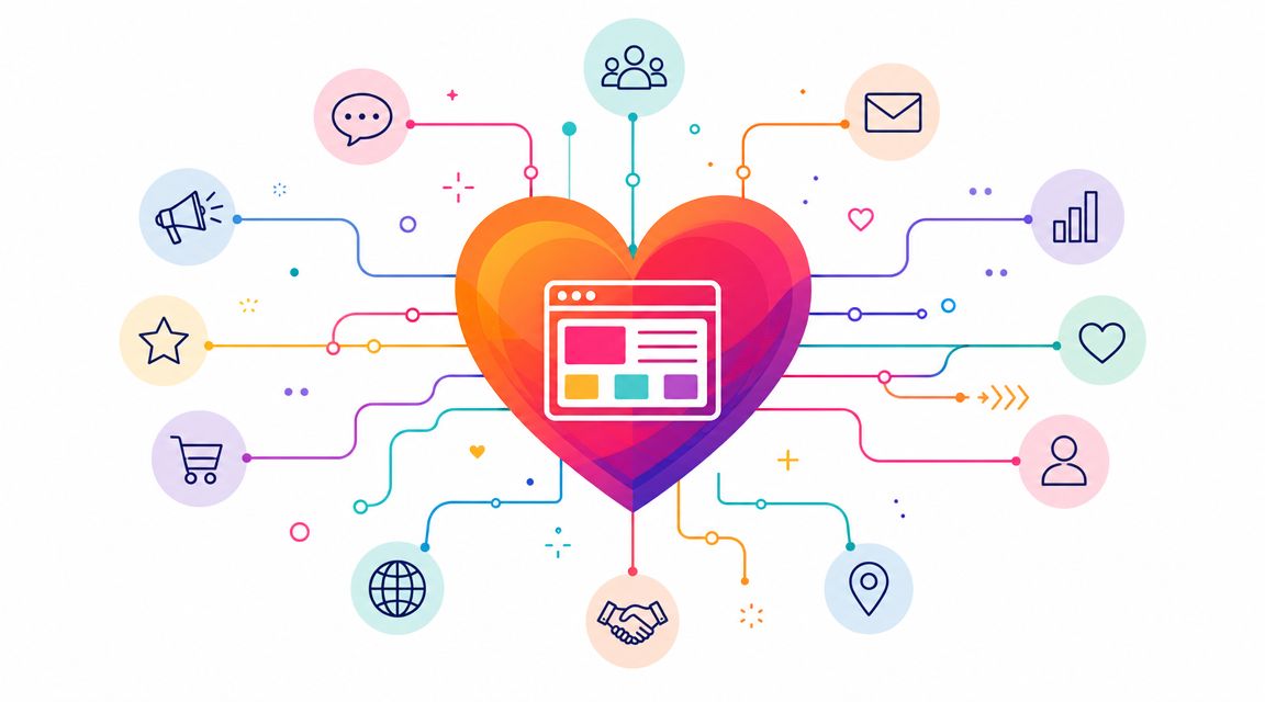 Een hartvormige illustratie die een website vertegenwoordigt, omringd door verschillende digitale icoontjes voor online communicatie en netwerken.