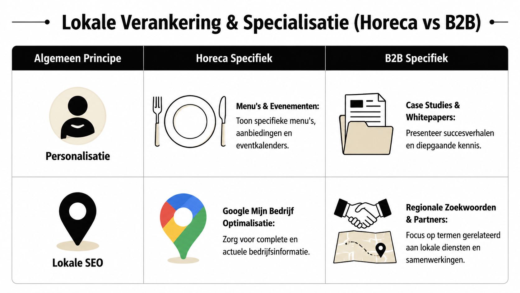 Een overzichtstabel over lokale verankering en specialisatie met strategieën voor zowel Horeca als B2B bedrijven.