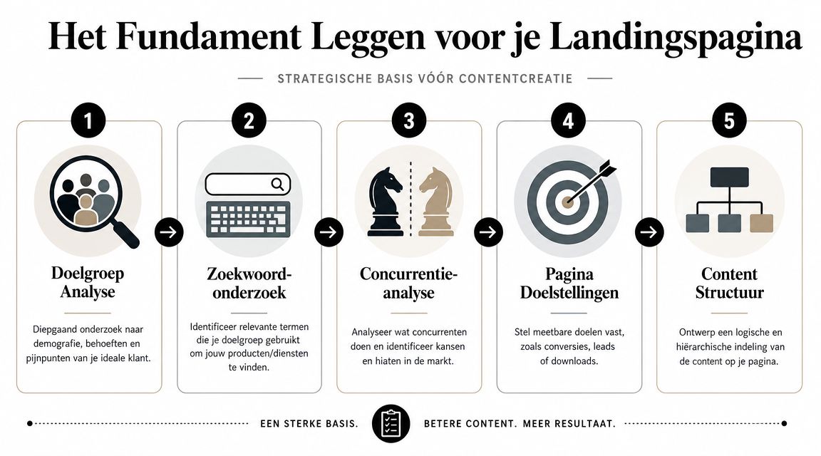 Een infographic met vijf stappen voor het strategisch voorbereiden van een effectieve landingspagina voor contentcreatie.