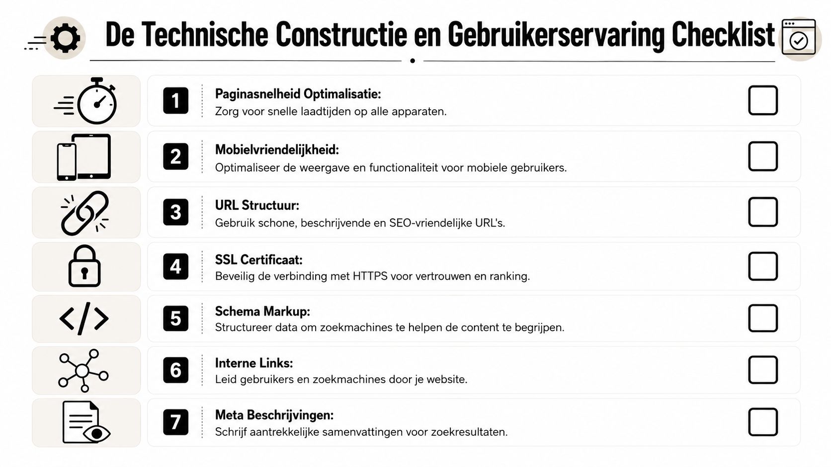 Een checklist voor technische SEO en gebruikerservaring met zeven essentiële optimalisatiepunten voor een website.
