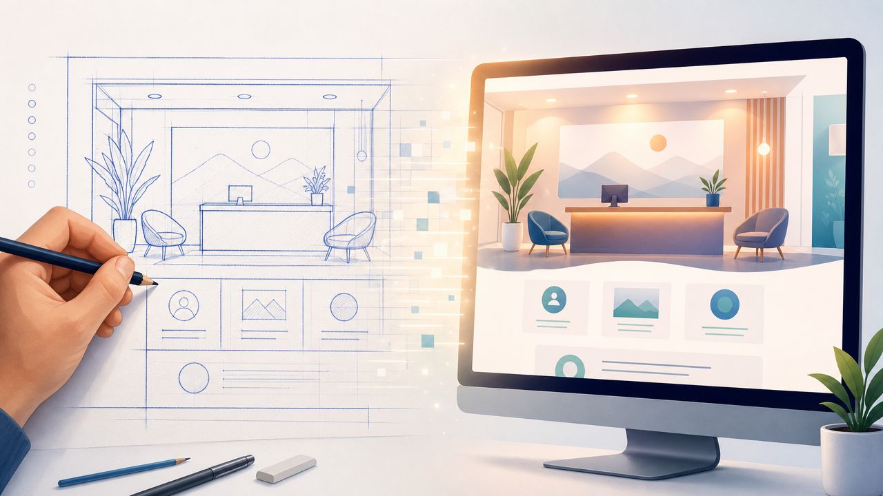 Een hand tekent een schets die digitaal wordt omgezet naar een professioneel webdesign op een monitor.
