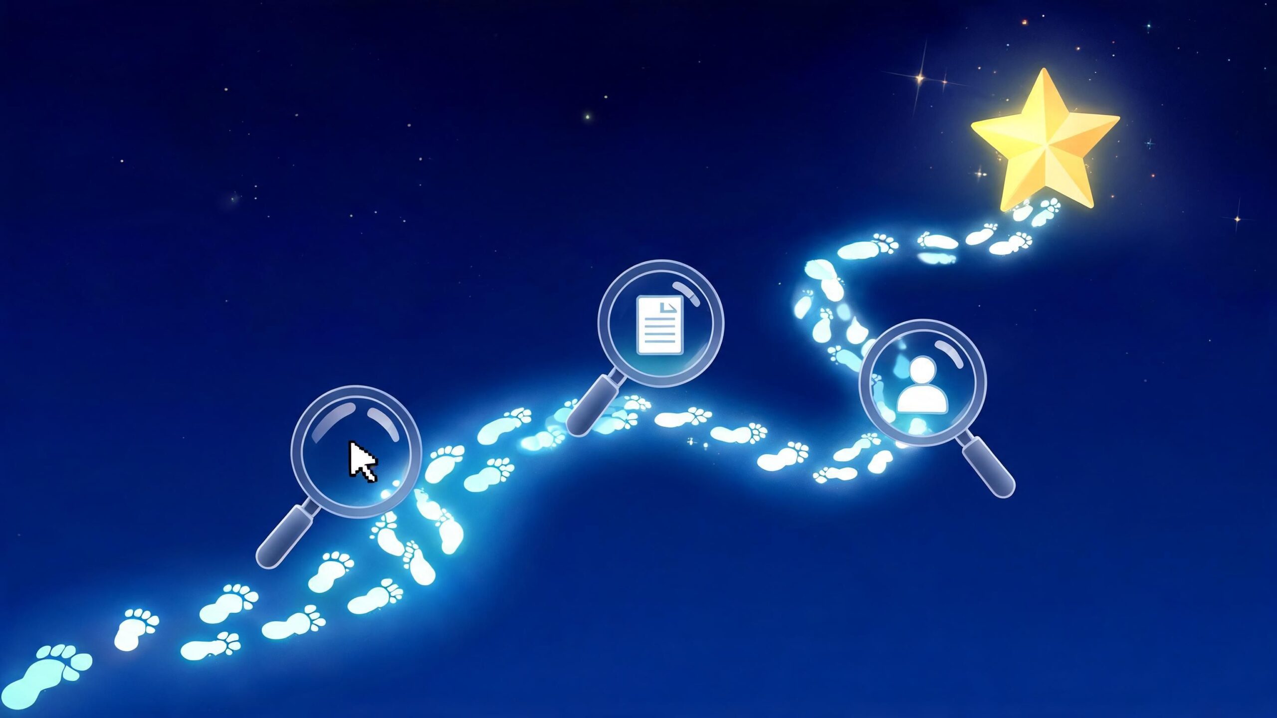 Een pad van lichtgevende voetafdrukken met vergrootglazen die leiden naar een stralende ster tegen een nachtelijke hemel.