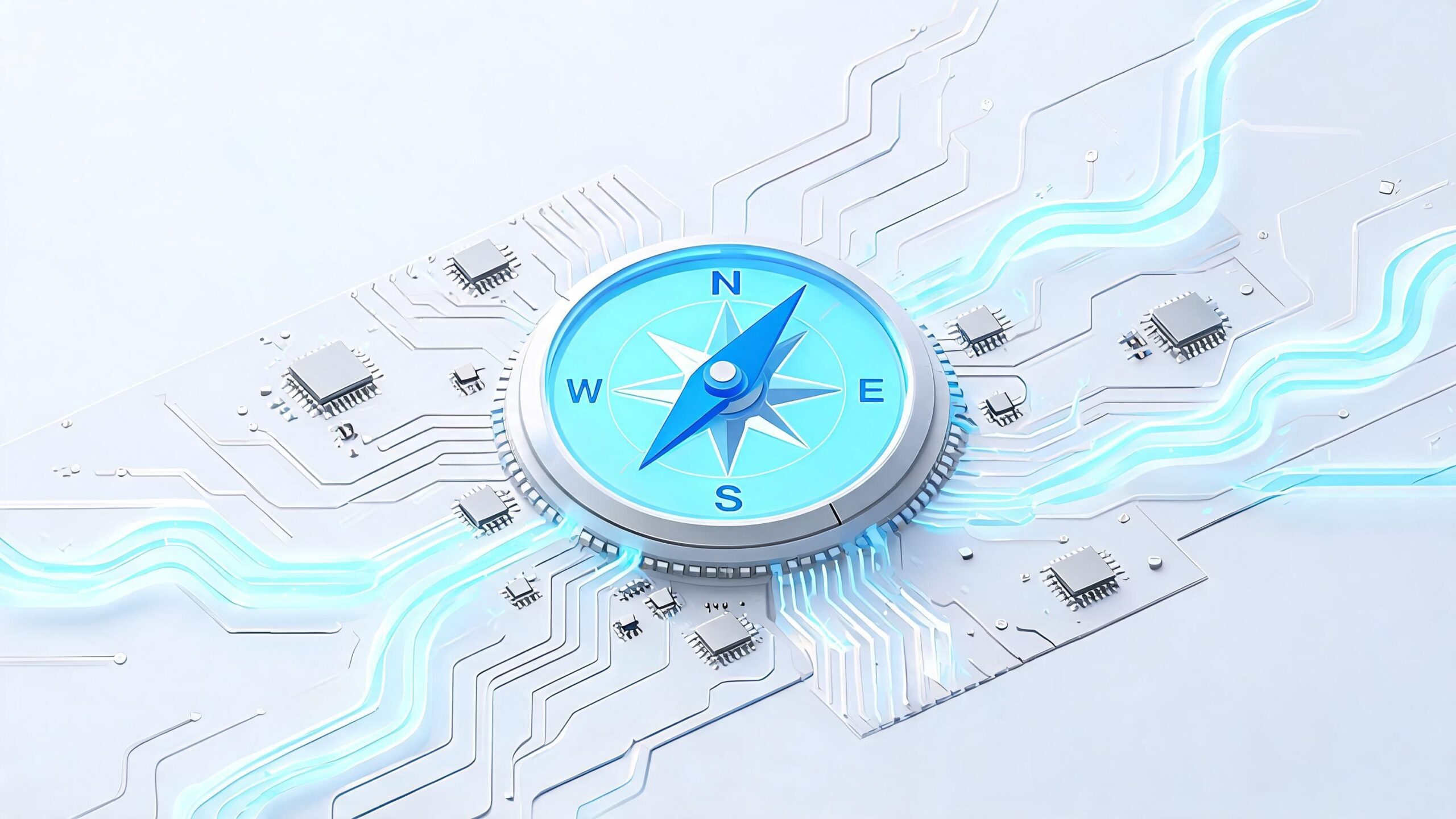 Een kompas geplaatst op een futuristisch wit moederbord met oplichtende blauwe elektrische circuits en microchips.